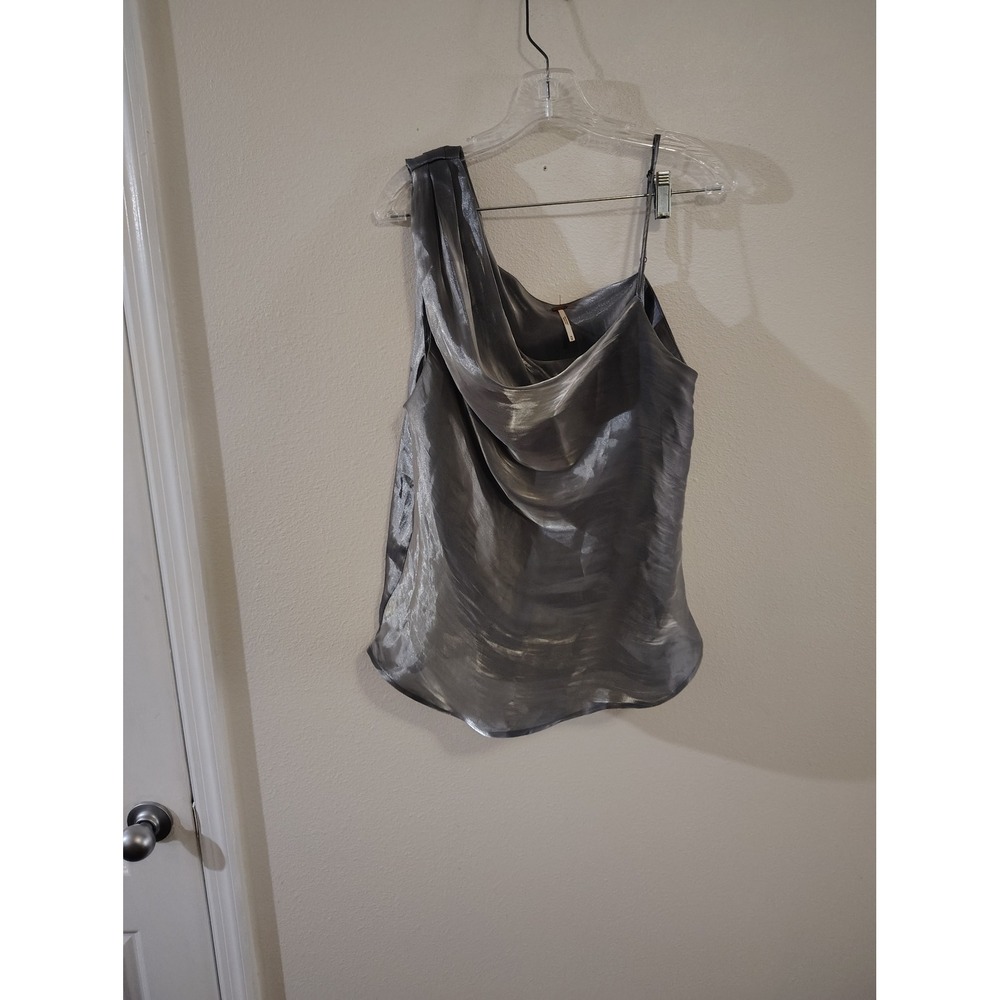 Free People Silver Metallic One Shoulder Draped Tank Top Asymmetric Shimmer M